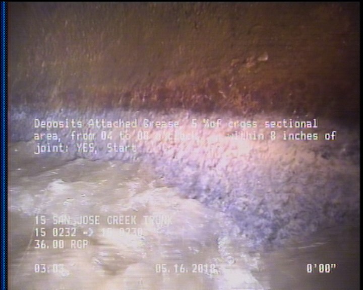 Deposits Attached Grease, 5 %of cross sectional area, from 04 to 08 o'clock, , within 8 inches of joint: YES, Start