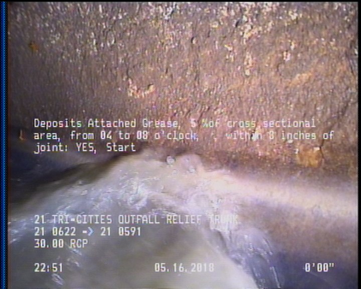 Deposits Attached Grease, 5 %of cross sectional area, from 04 to 08 o'clock, , within 8 inches of joint: YES, Start