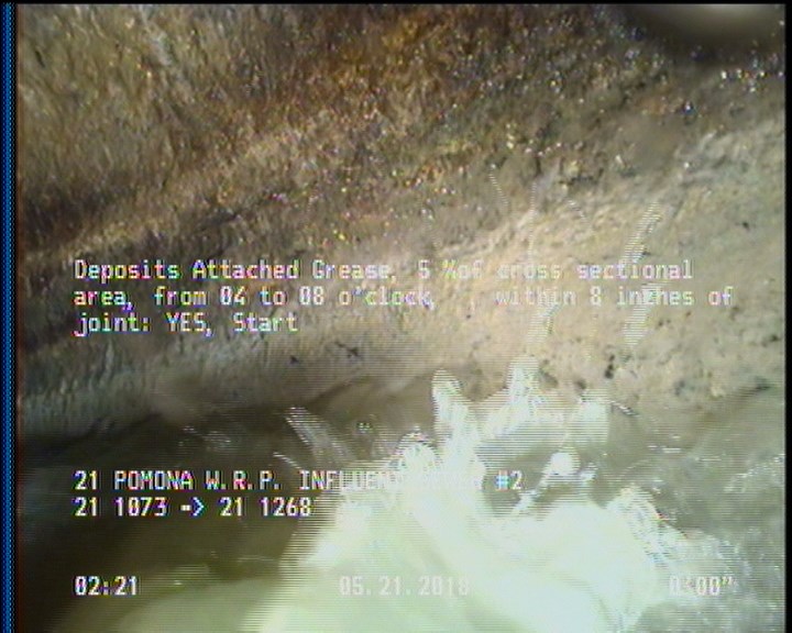 Deposits Attached Grease, 5 %of cross sectional area, from 04 to 08 o'clock, , within 8 inches of joint: YES, Start
