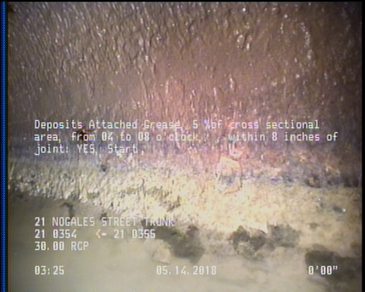 Deposits Attached Grease, 5 %of cross sectional area, from 04 to 08 o'clock, , within 8 inches of joint: YES, Start