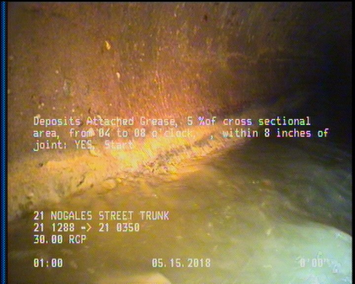Deposits Attached Grease, 5 %of cross sectional area, from 04 to 08 o'clock, , within 8 inches of joint: YES, Start