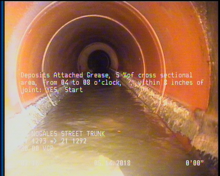 Deposits Attached Grease, 5 %of cross sectional area, from 04 to 08 o'clock, , within 8 inches of joint: YES, Start
