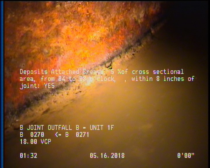 Deposits Attached Grease, 5 %of cross sectional area, from 04 to 08 o'clock, , within 8 inches of joint: YES