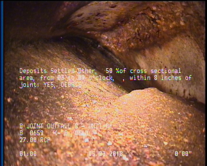 Deposits Settled Other, 50 %of cross sectional area, from 03 to 09 o'clock, , within 8 inches of joint: YES - DEBRIS
