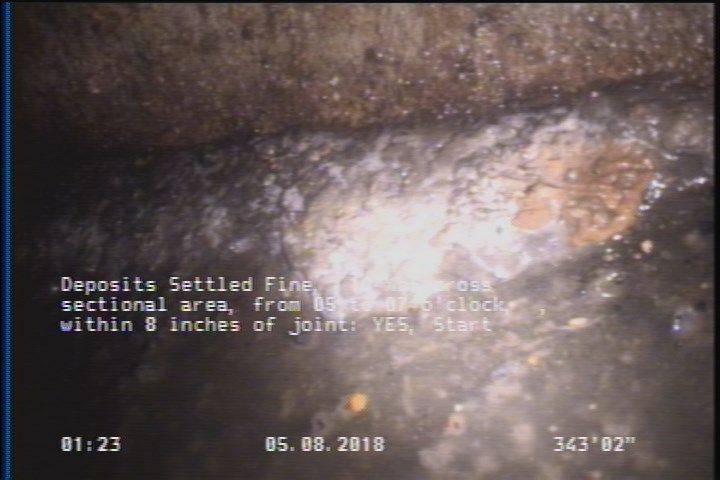 Deposits Settled Fine, 10 %of cross sectional area, from 05 to 07 o'clock, , within 8 inches of joint: YES, Start