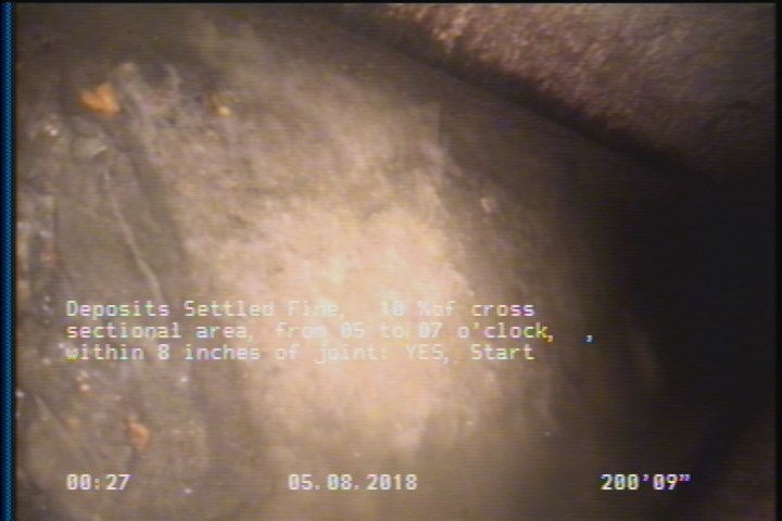 Deposits Settled Fine, 10 %of cross sectional area, from 05 to 07 o'clock, , within 8 inches of joint: YES, Start