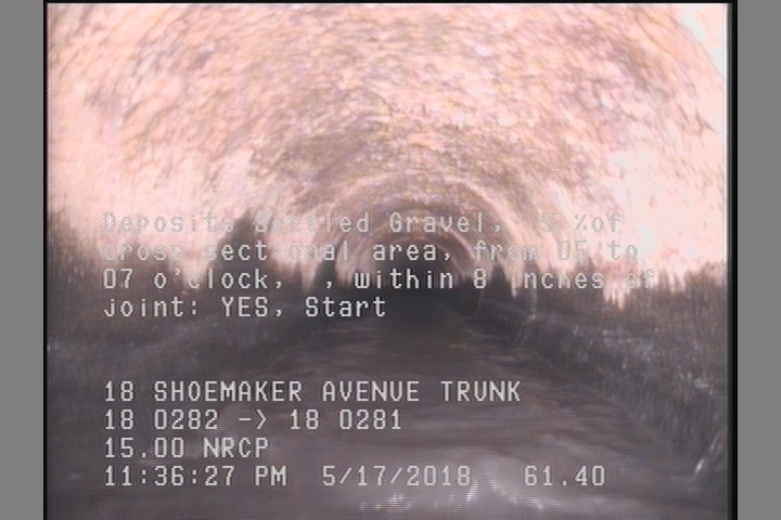 Deposits Settled Gravel, 5 %of cross sectional area, from 05 to 07 o'clock, , within 8 inches of joint: YES, Start