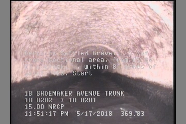 Deposits Settled Gravel, 5 %of cross sectional area, from 05 to 07 o'clock, , within 8 inches of joint: YES, Start