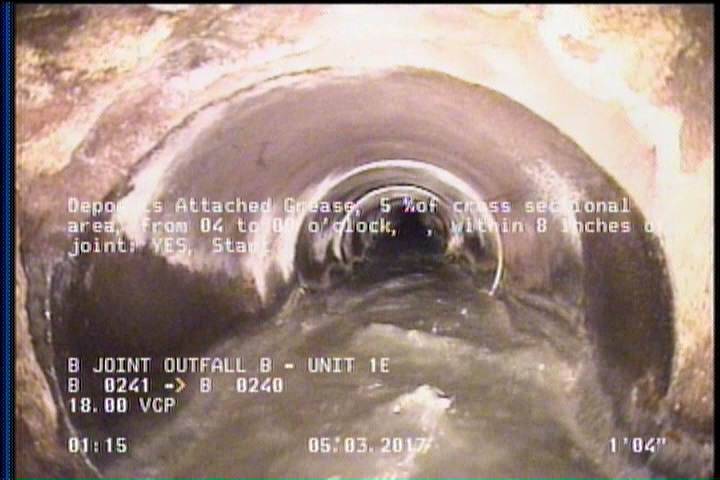 Deposits Attached Grease, 5 %of cross sectional area, from 04 to 08 o'clock, , within 8 inches of joint: YES, Start