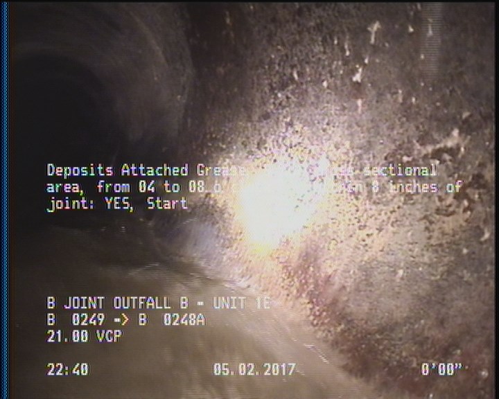 Deposits Attached Grease, 5 %of cross sectional area, from 04 to 08 o'clock, , within 8 inches of joint: YES, Start