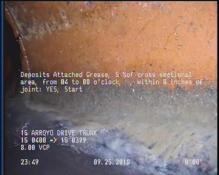 Deposits Attached Grease, 5 %of cross sectional area, from 04 to 08 o'clock, , within 8 inches of joint: YES, Start