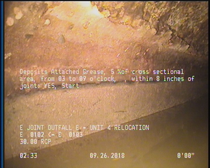Deposits Attached Grease, 5 %of cross sectional area, from 03 to 09 o'clock, , within 8 inches of joint: YES, Start