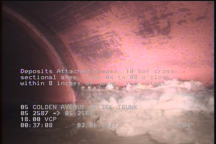 Deposits Attached Grease, 10 %of cross sectional area, from 04 to 08 o'clock, , within 8 inches of joint: YES, Start