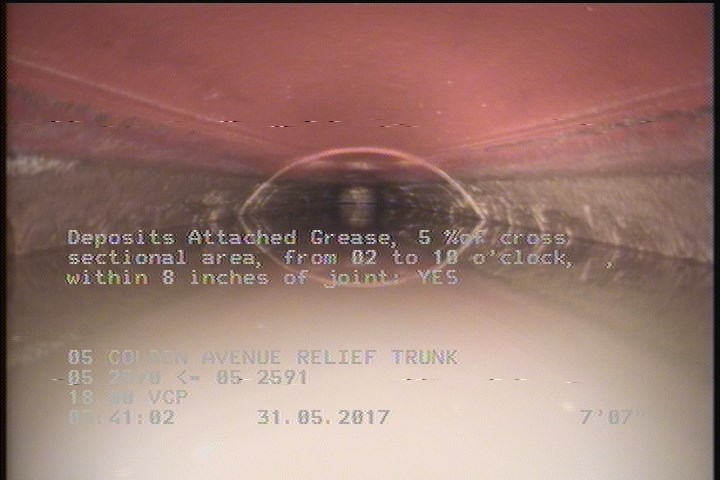 Deposits Attached Grease, 5 %of cross sectional area, from 02 to 10 o'clock, , within 8 inches of joint: YES