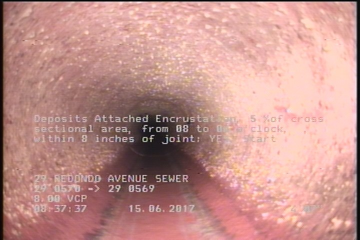 Deposits Attached Encrustation, 5 %of cross sectional area, from 08 to 04 o'clock, , within 8 inches of joint: YES, Start
