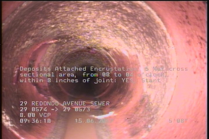 Deposits Attached Encrustation, 5 %of cross sectional area, from 08 to 04 o'clock, , within 8 inches of joint: YES, Start