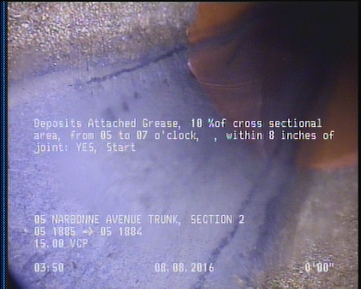 Deposits Attached Grease, 10 %of cross sectional area, from 05 to 07 o'clock, , within 8 inches of joint: YES, Start
