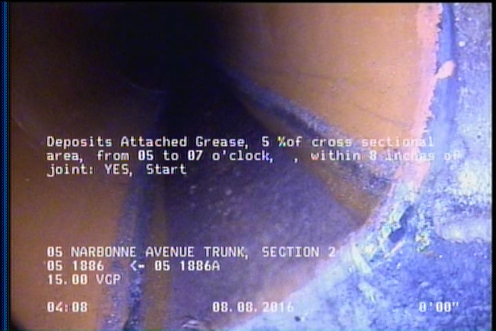 Deposits Attached Grease, 5 %of cross sectional area, from 05 to 07 o'clock, , within 8 inches of joint: YES, Start