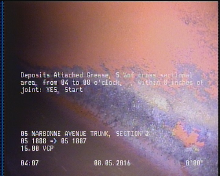 Deposits Attached Grease, 5 %of cross sectional area, from 04 to 08 o'clock, , within 8 inches of joint: YES, Start