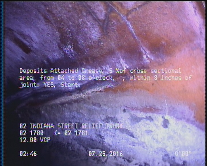 Deposits Attached Grease, 5 %of cross sectional area, from 04 to 08 o'clock, , within 8 inches of joint: YES, Start