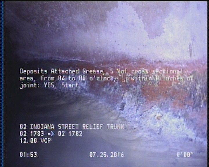 Deposits Attached Grease, 5 %of cross sectional area, from 04 to 08 o'clock, , within 8 inches of joint: YES, Start