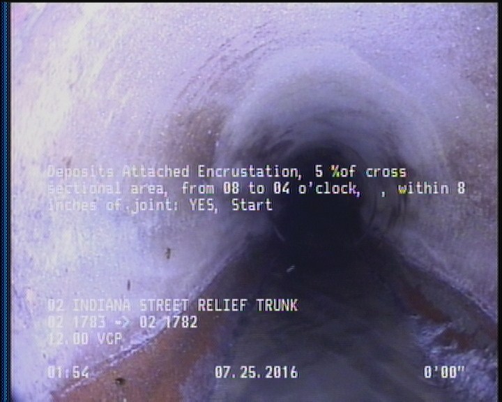 Deposits Attached Encrustation, 5 %of cross sectional area, from 08 to 04 o'clock, , within 8 inches of joint: YES, Start