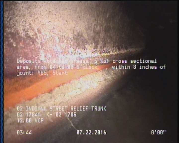 Deposits Attached Grease, 5 %of cross sectional area, from 04 to 08 o'clock, , within 8 inches of joint: YES, Start