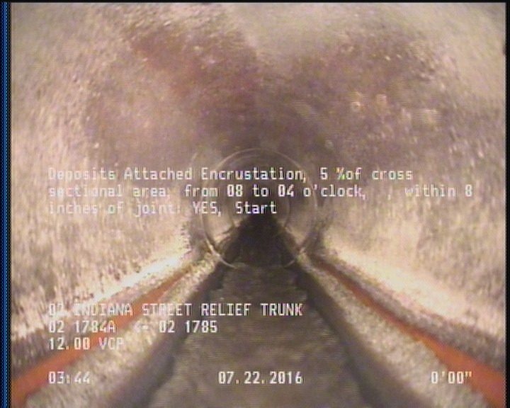 Deposits Attached Encrustation, 5 %of cross sectional area, from 08 to 04 o'clock, , within 8 inches of joint: YES, Start