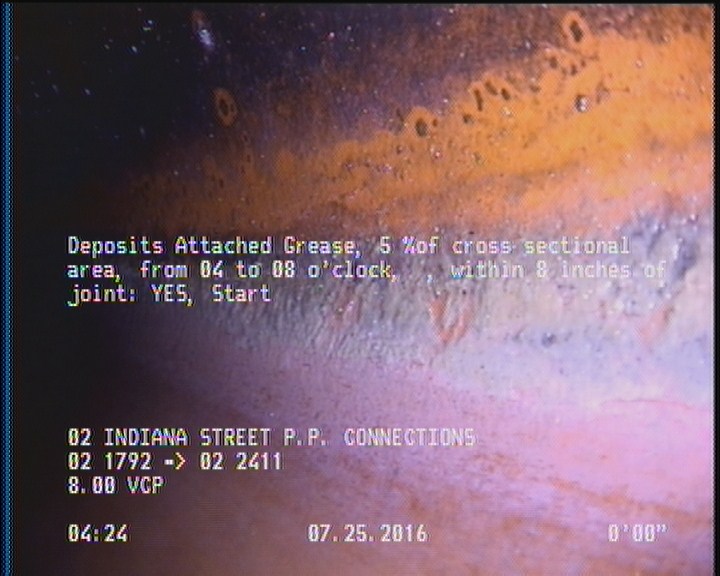 Deposits Attached Grease, 5 %of cross sectional area, from 04 to 08 o'clock, , within 8 inches of joint: YES, Start