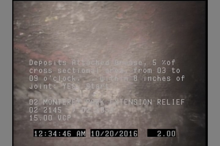 Deposits Attached Grease, 5 %of cross sectional area, from 03 to 09 o'clock, , within 8 inches of joint: YES, Start