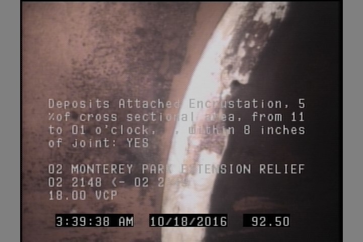 Deposits Attached Encrustation, 5 %of cross sectional area, from 11 to 01 o'clock, , within 8 inches of joint: YES