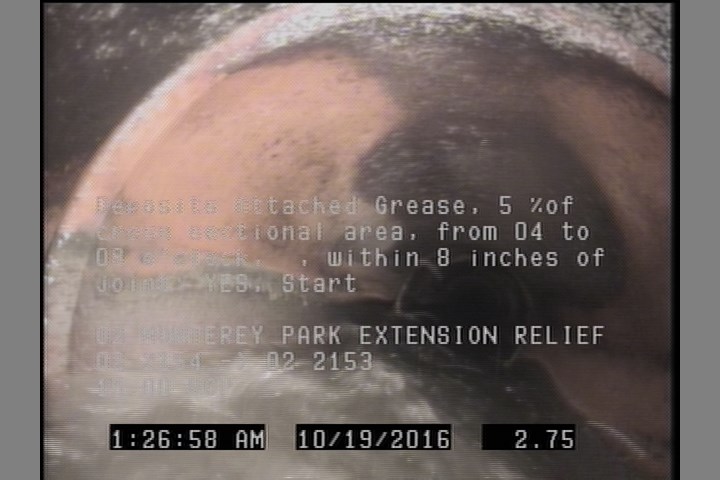 Deposits Attached Grease, 5 %of cross sectional area, from 04 to 08 o'clock, , within 8 inches of joint: YES, Start