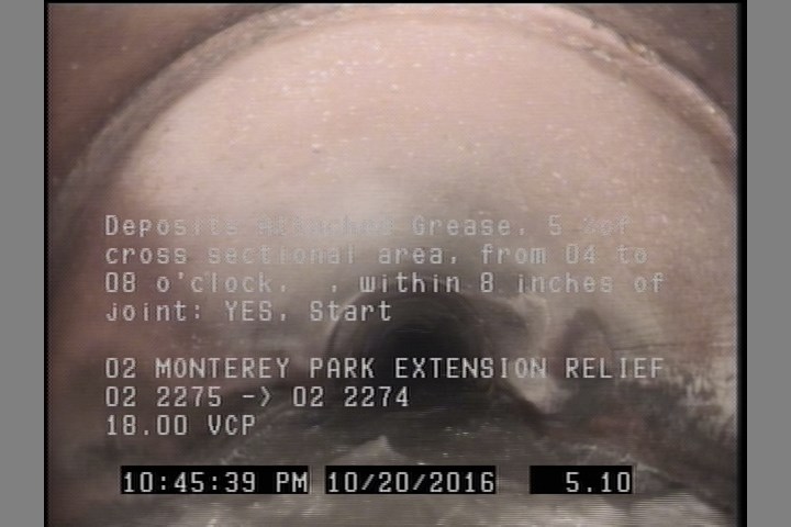 Deposits Attached Grease, 5 %of cross sectional area, from 04 to 08 o'clock, , within 8 inches of joint: YES, Start