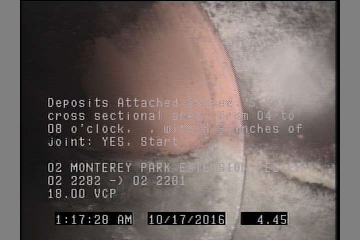 Deposits Attached Grease, 5 %of cross sectional area, from 04 to 08 o'clock, , within 8 inches of joint: YES, Start