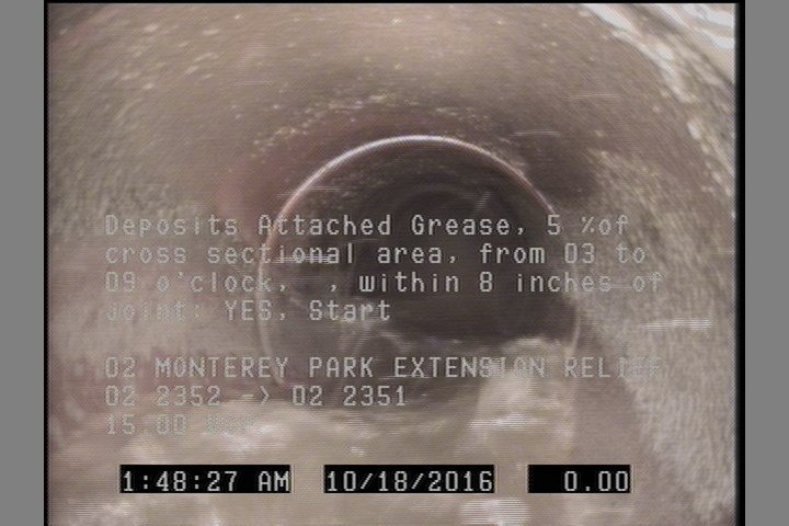 Deposits Attached Grease, 5 %of cross sectional area, from 03 to 09 o'clock, , within 8 inches of joint: YES, Start