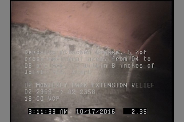 Deposits Attached Grease, 5 %of cross sectional area, from 04 to 08 o'clock, , within 8 inches of joint: YES, Start