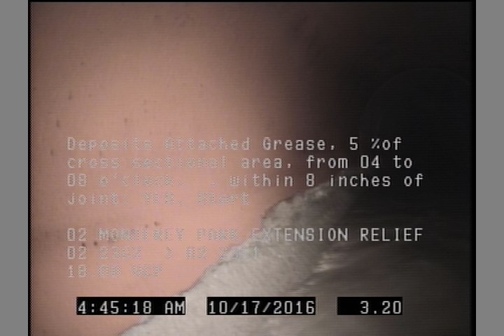 Deposits Attached Grease, 5 %of cross sectional area, from 04 to 08 o'clock, , within 8 inches of joint: YES, Start
