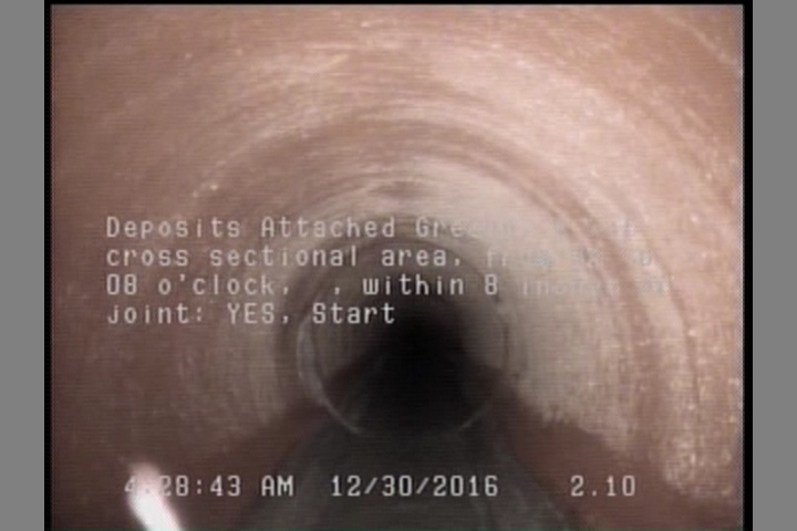 Deposits Attached Grease, 5 %of cross sectional area, from 04 to 08 o'clock, , within 8 inches of joint: YES, Start