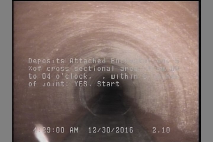 Deposits Attached Encrustation, 5 %of cross sectional area, from 08 to 04 o'clock, , within 8 inches of joint: YES, Start