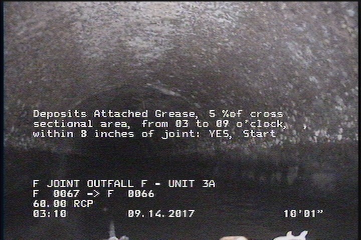 Deposits Attached Grease, 5 %of cross sectional area, from 03 to 09 o'clock, , within 8 inches of joint: YES, Start