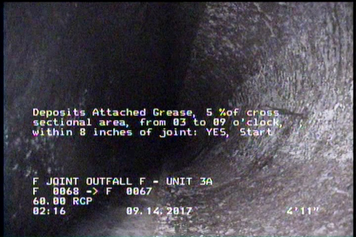 Deposits Attached Grease, 5 %of cross sectional area, from 03 to 09 o'clock, , within 8 inches of joint: YES, Start