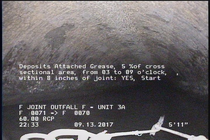 Deposits Attached Grease, 5 %of cross sectional area, from 03 to 09 o'clock, , within 8 inches of joint: YES, Start