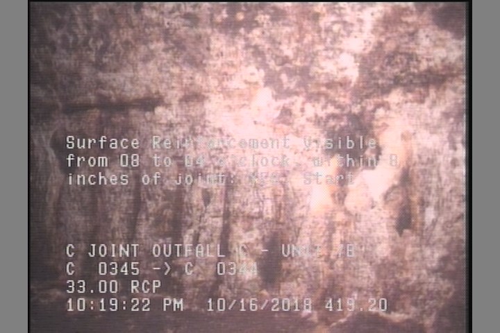 Surface Reinforcement Visible, from 08 to 04 o'clock, within 8 inches of joint: YES, Start