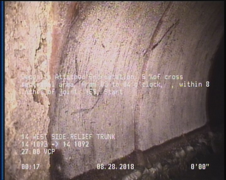 Deposits Attached Encrustation, 5 %of cross sectional area, from 08 to 04 o'clock, , within 8 inches of joint: YES, Start