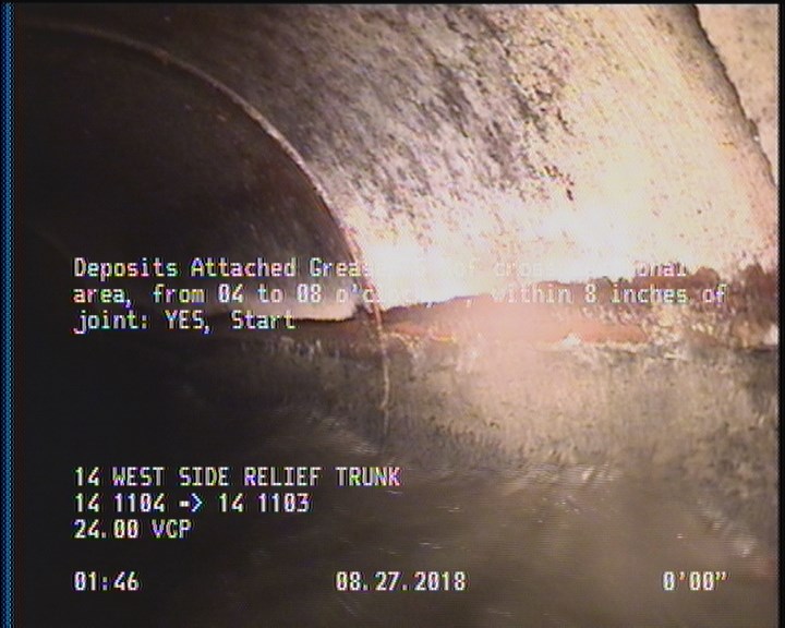 Deposits Attached Grease, 5 %of cross sectional area, from 04 to 08 o'clock, , within 8 inches of joint: YES, Start