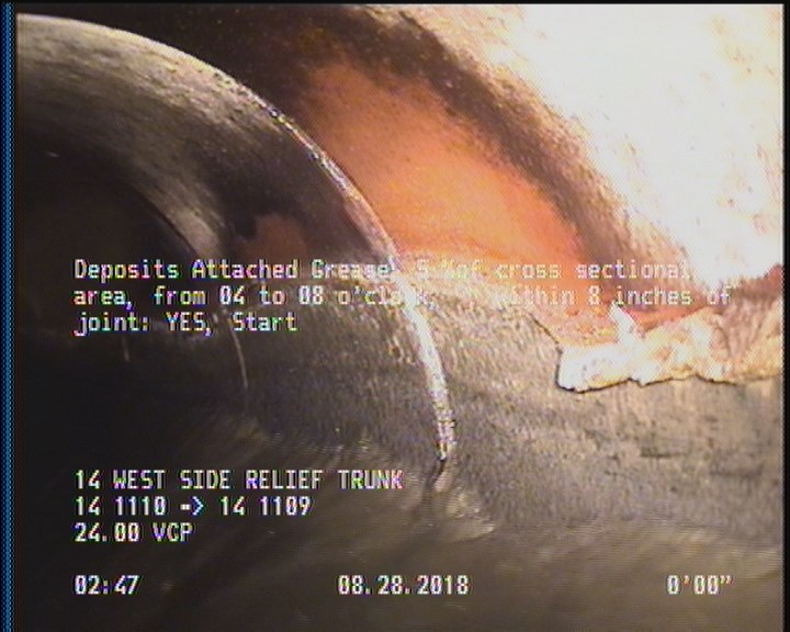 Deposits Attached Grease, 5 %of cross sectional area, from 04 to 08 o'clock, , within 8 inches of joint: YES, Start