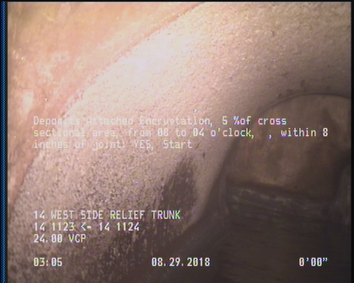 Deposits Attached Encrustation, 5 %of cross sectional area, from 08 to 04 o'clock, , within 8 inches of joint: YES, Start