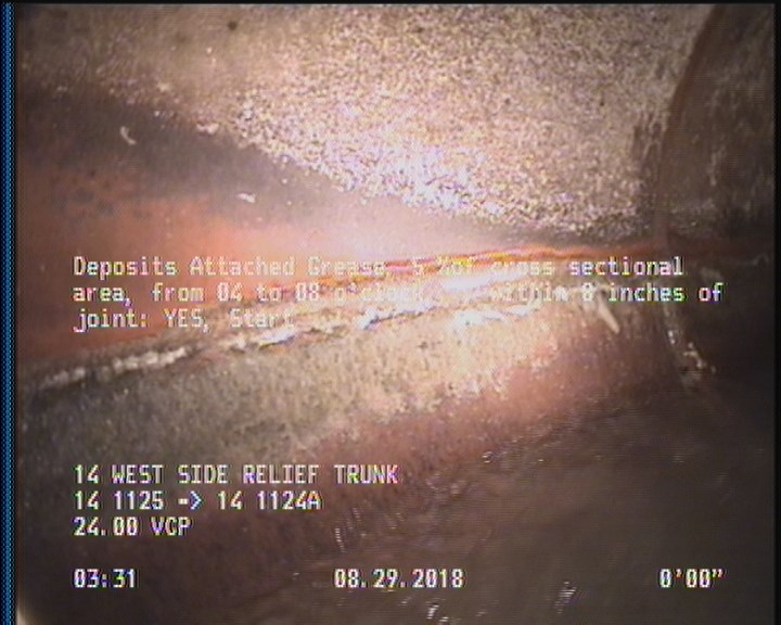 Deposits Attached Grease, 5 %of cross sectional area, from 04 to 08 o'clock, , within 8 inches of joint: YES, Start