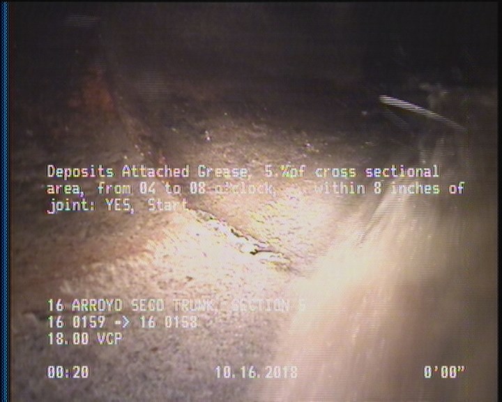Deposits Attached Grease, 5 %of cross sectional area, from 04 to 08 o'clock, , within 8 inches of joint: YES, Start