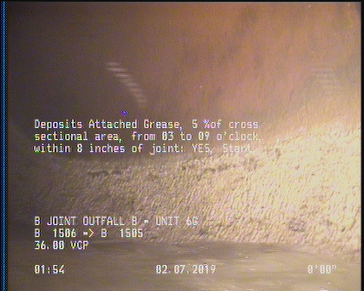Deposits Attached Grease, 5 %of cross sectional area, from 03 to 09 o'clock, , within 8 inches of joint: YES, Start
